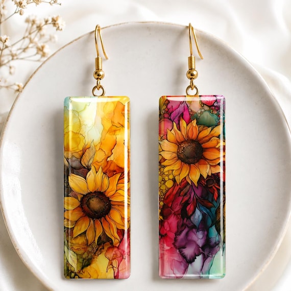 Colorful Sunflower Earrings, Long Floral Dangle Earrings, Handmade Polymer Clay Earrings, Resin Coated Statement Jewelry, Gift for He