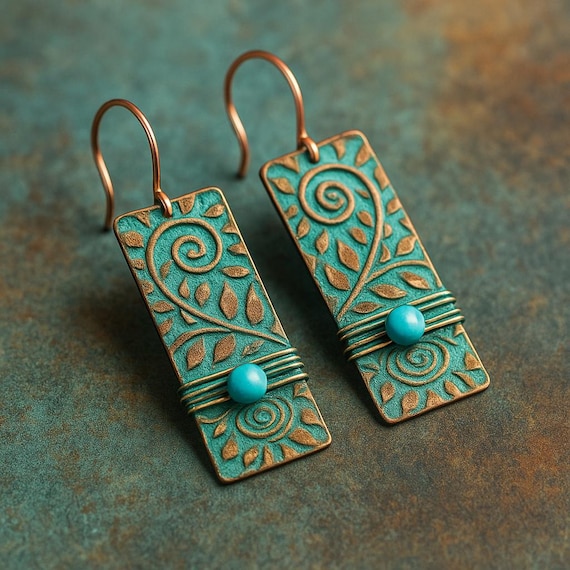 Turquoise Patina Copper Rectangle Earrings | Handmade Boho Chic Jewelry | Embossed Leaf Swirl | Artisan Gift for Her