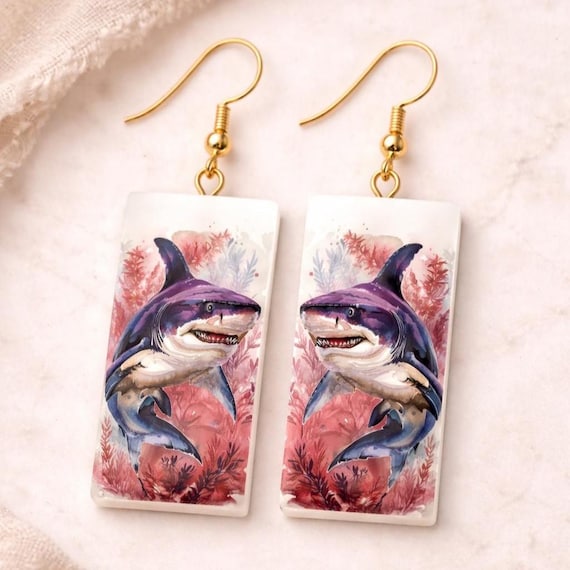 Shark Dangle Earrings – Sea & Ocean Collection, Handmade Polymer Clay Image Transfer Jewelry