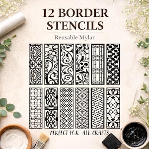 May include: A set of 12 rectangular border stencils made of reusable Mylar, featuring various black intricate patterns arranged in two rows. The text 12 BORDER STENCILS Reusable Mylar and PERFECT FOR ALL CRAFTS is printed in dark brown.