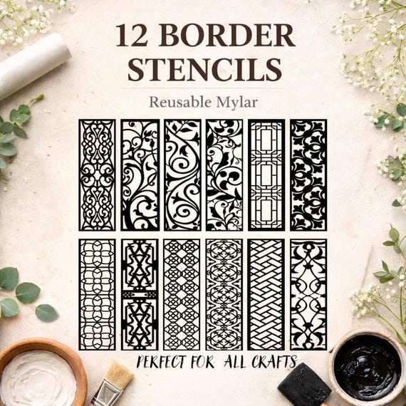 Decorative Border Stencil Set – 12 Designs | Reusable Mylar Stencils for Crafts, Walls & Furniture