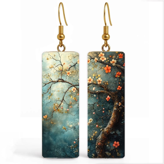 Boho Botanical Dangle Earrings • Nature-Inspired Jewelry • Teal & Coral Wearable Art