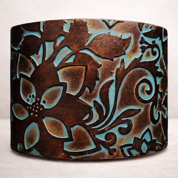Handmade copper and bronze with patina polymer clay cuff bracelet