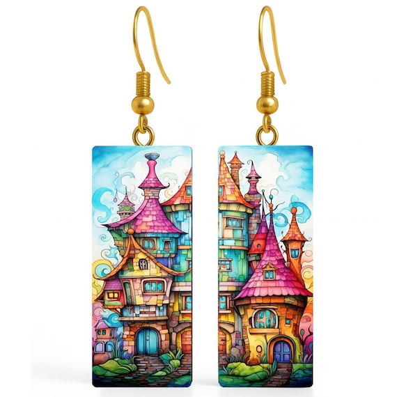 Fairytale House Earrings • Handmade Polymer Clay • Whimsical Art Jewelry