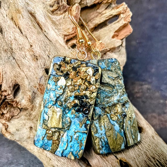 Handmade Statement Earrings – Blue & Gold Resin Dangle Earrings, Artistic Textured Jewelry, Boho Mixed Media Gift for Her