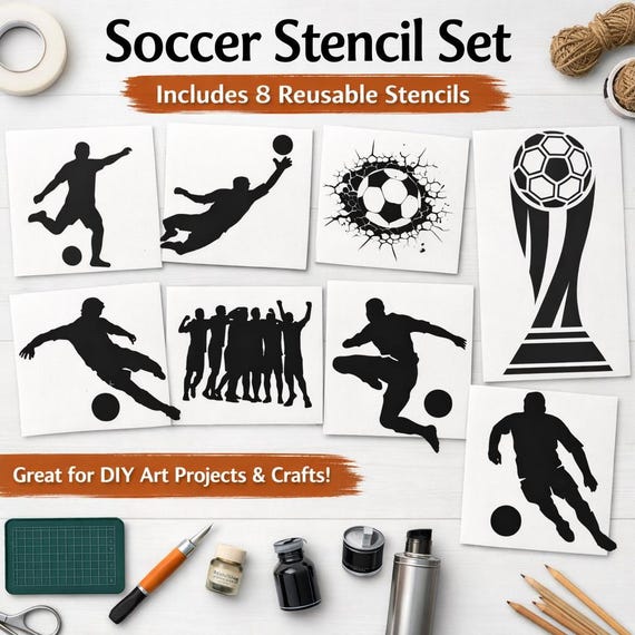 Soccer Stencil Set – 8 Reusable Sports Silhouette Templates for DIY Crafts, Painting, and Scrapbooking