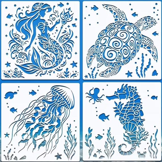 Ocean Life Stencil Set – Mermaid, Sea Turtle, Seahorse & Jellyfish | 7.9"x7.9" Reusable Mylar Stencils for Painting, Wall Art and Crafts