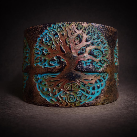 Tree of Life Polymer Clay Cuff Bracelet – Statement Rusted Copper & Turquoise Patina