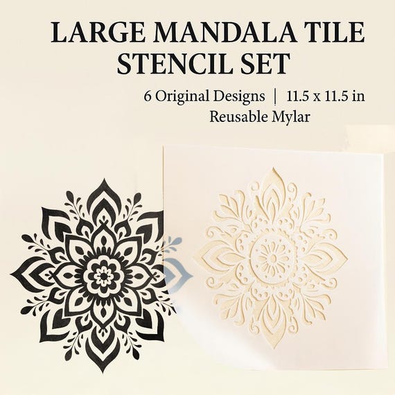 Large Mandala Tile Stencil Set – 6 Original Designs | 11.5 x 11.5 in | Reusable Mylar | Boho & Modern DIY Decor