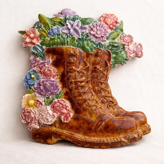 Hand-Glazed Ceramic Relief Artwork – Floral Boot – Handmade Ceramic Art Piece