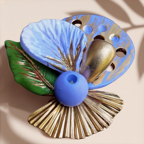 Handmade Polymer Clay Pendant Brooch | Convertible Statement Jewelry | Blue Floral Art Pendant | One-of-a-Kind Wearable Art | Gift for Her