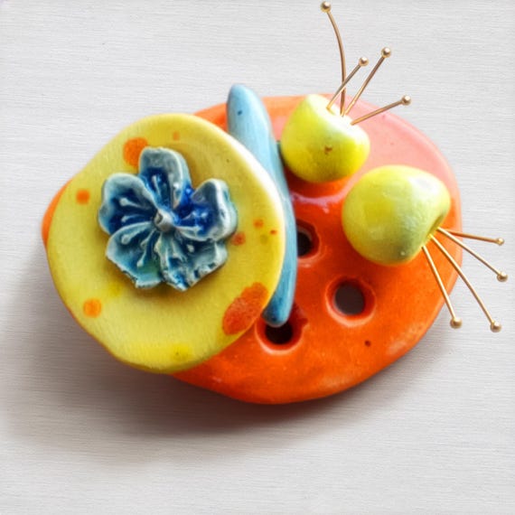 Handmade Ceramic Flower Brooch – Modern Floral Pin in Orange, Chartreuse & Blue – Artisan Statement Jewelry