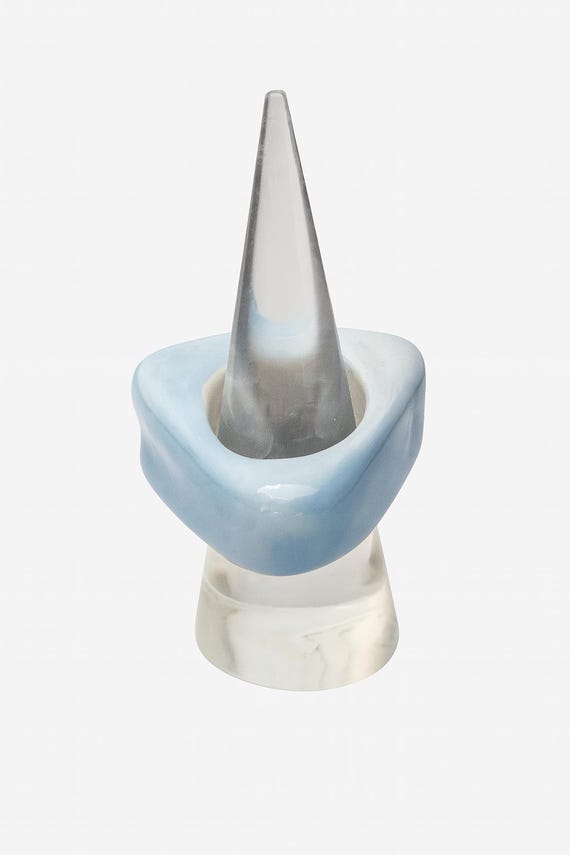 Handmade Ceramic Statement Ring - Geometric Triangle Shape in Soft Blue & Cream - Sculptural Modern Jewelry - Adjustable Fit