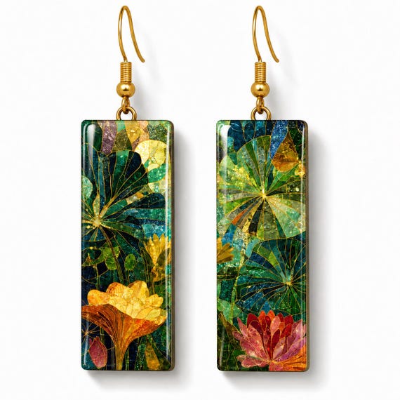 Botanical Mosaic Dangle Earrings, Image Transfer Polymer Clay, Gold-Plated Silver Hooks
