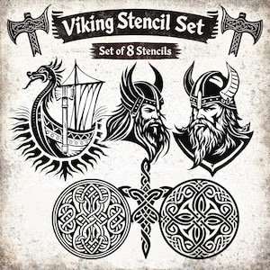 May include: A black and white Viking stencil set featuring eight stencils. The set includes images of Viking longboats, axes, and detailed portraits of Viking warriors. The text "Viking Stencil Set" and "Set of 8 Stencils" are displayed.