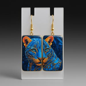 Handmade Panther Art Earrings – Vibrant Blue & Gold Jungle Cat Dangle Jewelry – Artistic Animal Earrings – Bold Statement Earrings