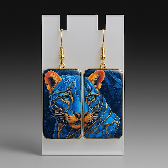Handmade Panther Art Earrings – Vibrant Blue & Gold Jungle Cat Dangle Jewelry – Artistic Animal Earrings – Bold Statement Earrings