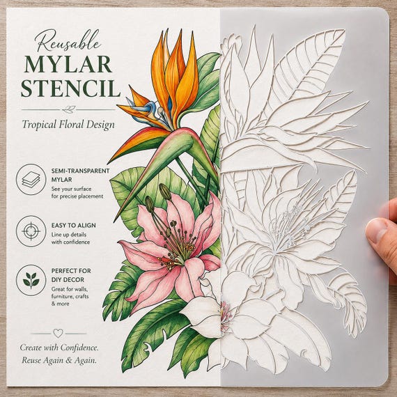Tropical Floral Reusable Mylar Stencil | Bird of Paradise Flower Stencil | DIY Furniture, Wall, Wood Sign & Craft Stencil