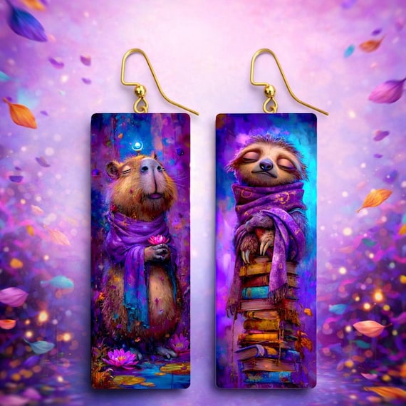 Whimsical Capybara and Sloth Art Earrings • Fantasy Illustration Art Jewelry