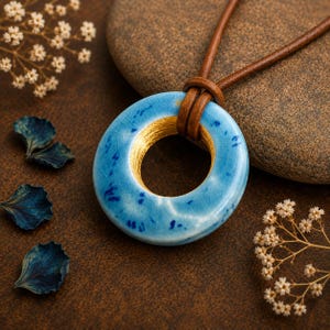 May include: A circular ceramic pendant featuring a glossy light blue glaze with dark blue speckles and a fine crackle pattern. The inner rim is finished in a metallic gold tone. The pendant is suspended from a brown leather cord necklace.