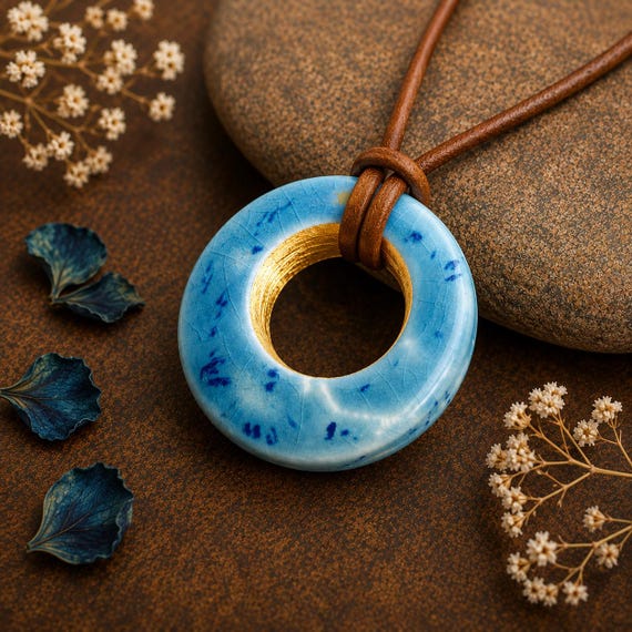 Blue Crackle Glazed Ceramic Donut Pendant, Gold Leaf Accent, Handmade Artisan Necklace Pendant, OOAK Pottery Jewelry Gift