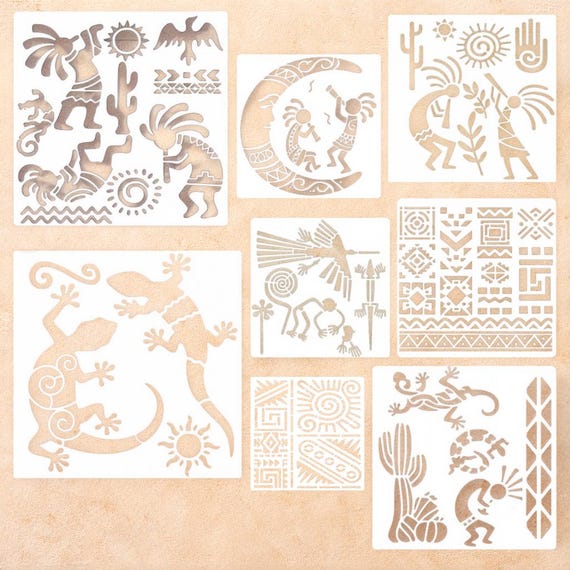Southwest Kokopelli Stencil Set – Geckos, Cactus, Moon, Sun & Border Patterns – Reusable Craft Stencils