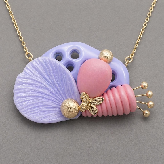 Sculptural Polymer Clay Statement Necklace | Pastel Lavender Pink Gold Abstract Pendant