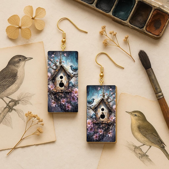 Birdhouse Earrings Gold Edge – Nature Inspired Dangle Earrings – Spring Floral Jewelry – Lightweight Statement Earrings for Women