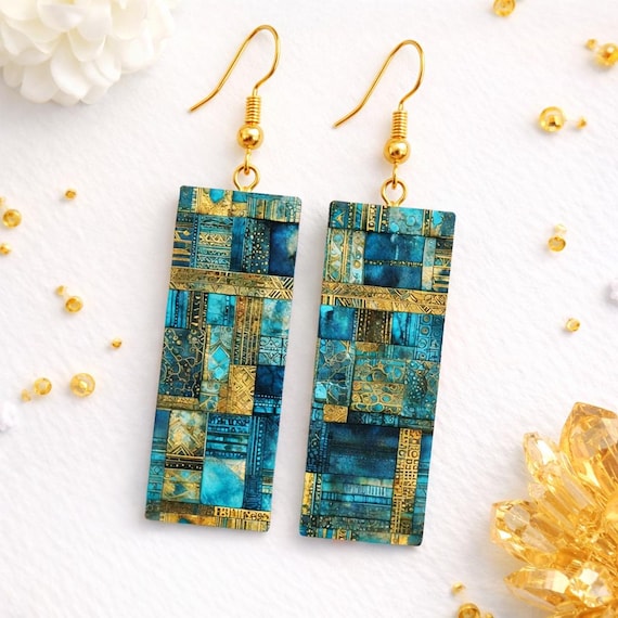 Handmade Image Transfer Blue & Gold Mosaic Earrings