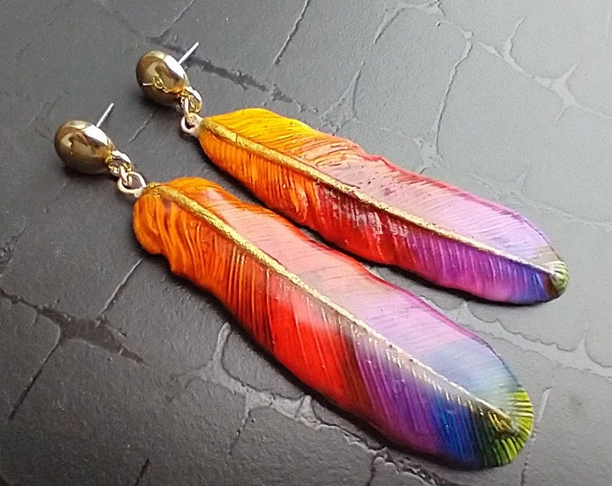 One-of-a-kind Summer of love polymer clay asymmetrical feathers earrings