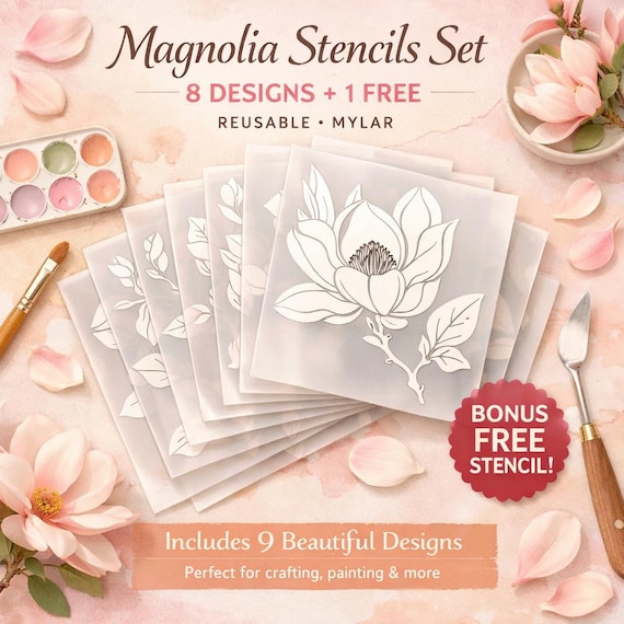Magnolia Stencils Set for DIY Crafts | Reusable Floral Stencils for Home Decor & Painting Projects