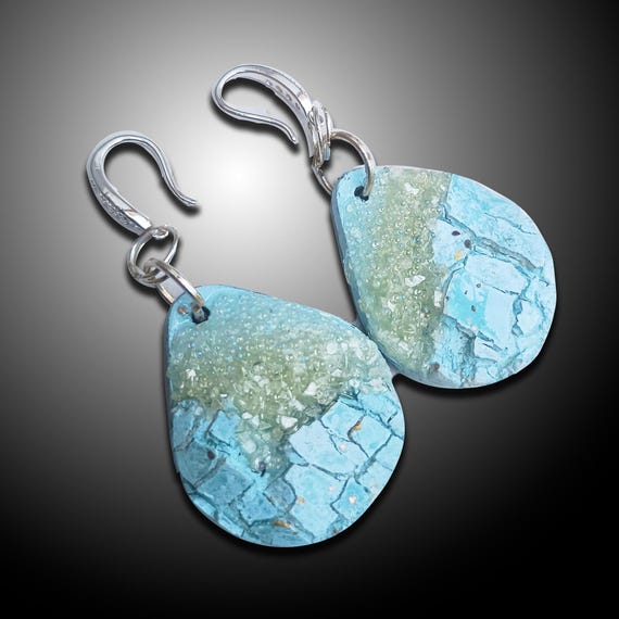 Handmade Artisan Teardrop Earrings – Textured Ice Blue & Crystal Finish | One-of-a-Kind Statement Jewelry