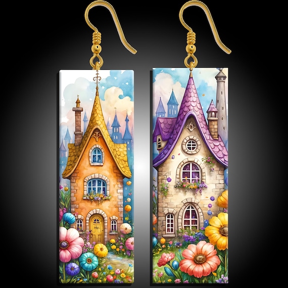 Whimsical Fairytale Cottage Earrings – Handmade Statement Polymer Clay Jewelry