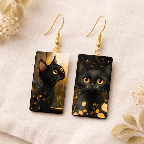 Black Cat Art Earrings – Gothic Jewelry – Lightweight Statement Earrings