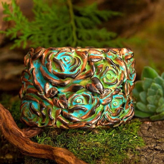 Polymer Clay Rose Cuff Bracelet – Floral Statement Jewelry, Weathered Patina Finish - Victorian roses bracelet
