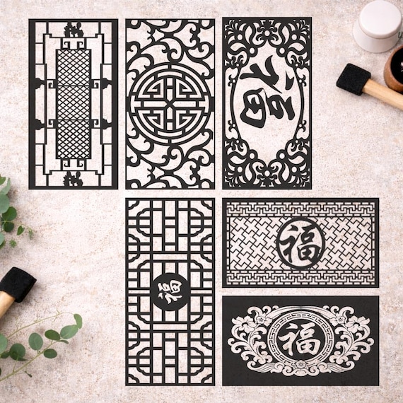 Chinese Border Stencil Set – 6 Reusable Mylar Designs