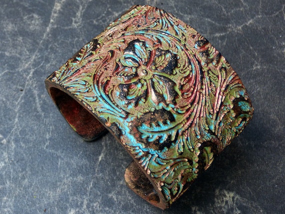 Yesterday is gone copper and patina polymer clay cuff bracelet