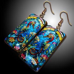 Boho Stained Glass Seahorse Earrings – Ocean-Inspired Artisan Jewelry – Handmade Coastal Dangle Earrings
