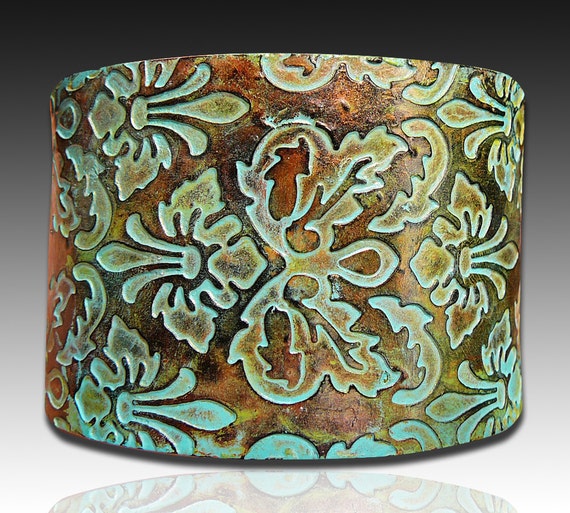 Brocade copper and patina polymer clay cuff bracelet