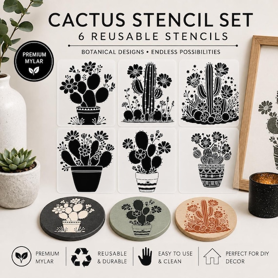 Cactus Stencils Set of 6 – Reusable Mylar Stencils for Furniture, Walls & Crafts