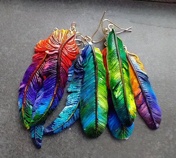 One-of-a-kind Summer of love polymer clay asymmetrical feathers earrings