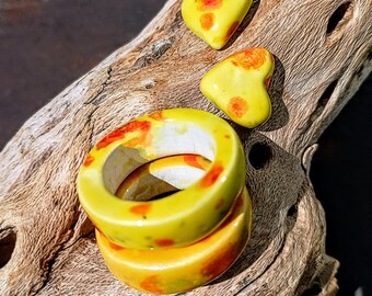 One-of-a-kind ceramic set of earrings and a ring