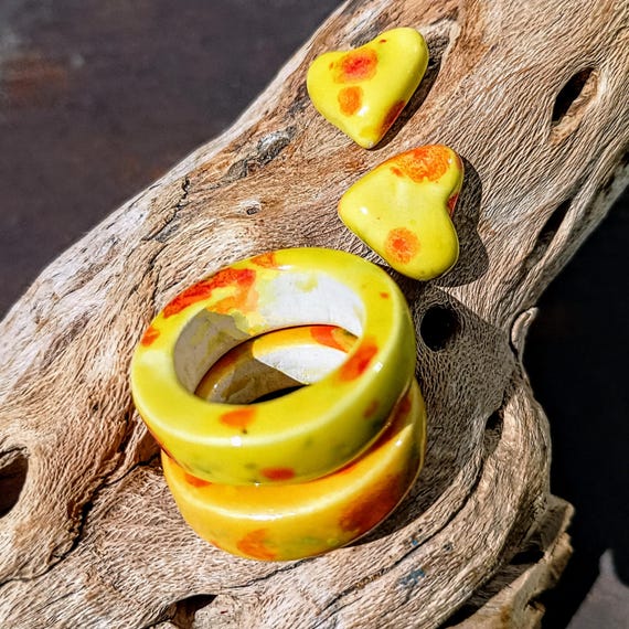 One-of-a-kind ceramic set of earrings and a ring