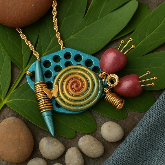 Handmade Polymer Cay Pendant Necklace – Artistic Mixed Media Jewelry with Spiral, Pods & Butterfly in Turquoise, Gold and Plum