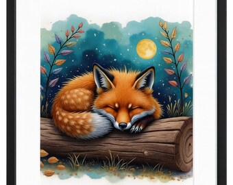 Sleeping Fox Canvas Print – Woodland Nursery Art, Moonlit Night