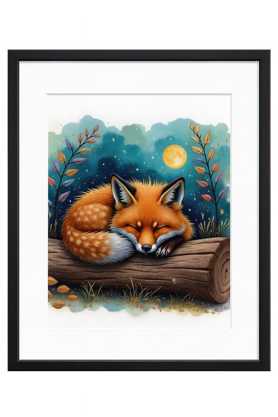 Sleeping Fox Under the Moon – Original Artwork Print on Canvas – Canvas Print and Custom Gift Options – Nursery Art