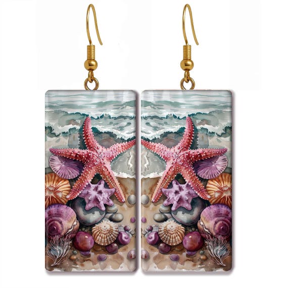 Beach Starfish Watercolor Earrings – Coastal Ocean Jewelry – Pink Purple Seashell Dangle Earrings – Nautical Summer Gift for Her