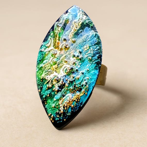 Handmade Polymer Clay Ring Adjustable • Resin + Micro-Beads • One-of-a-Kind Statement Ring