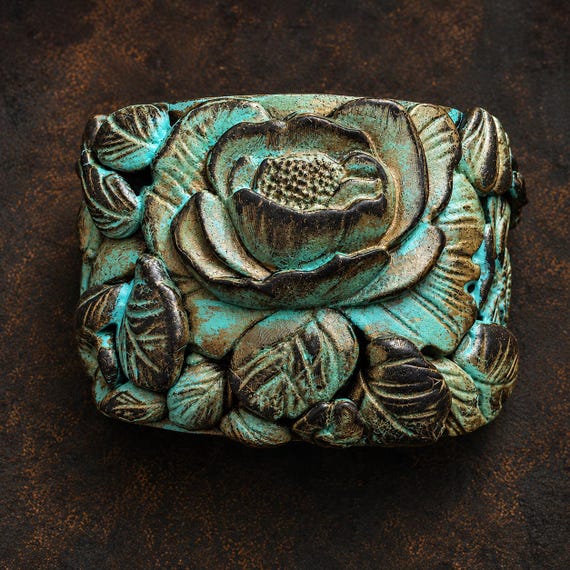 Turquoise Patina Floral Cuff Bracelet, Statement Flower Bracelet, Boho Botanical Jewelry, Antique Bronze Look, Artisan Wide Cuff