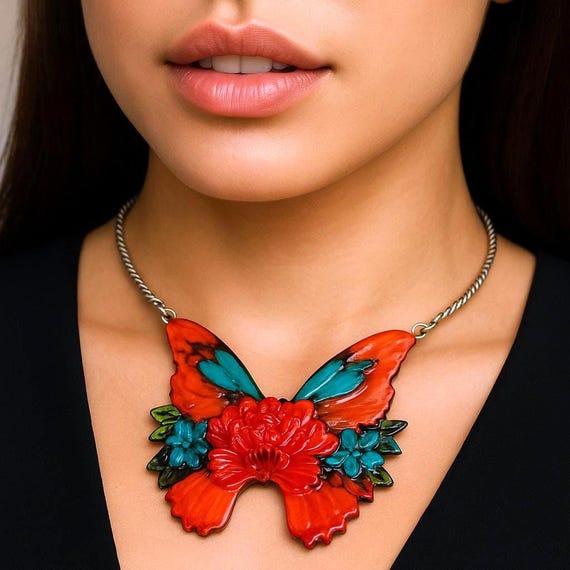 One-of-a-Kind Butterfly Necklace – Polymer Clay & Resin, Hand-Painted